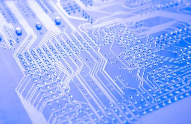 Elektronik devre, bilgisayar devresi mavi, bilgisayar teknolojisi. Devre kurulu fütüristik teknoloji işleme. Soyut teknoloji mikro elektronik konsept geçmişi. Makro çekim, sığ odak