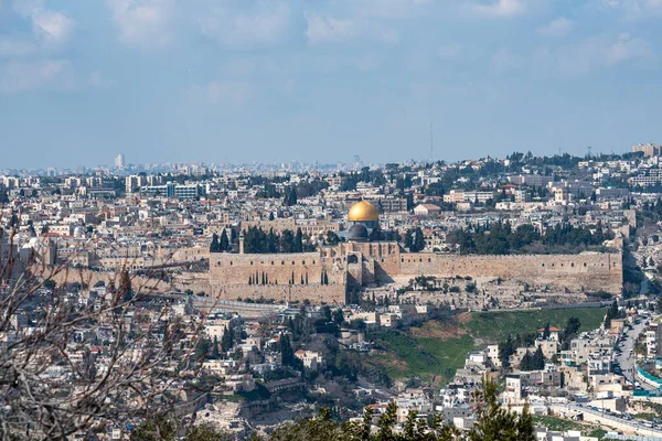 Jerusalén Oro Bajo Cielo Nublado Vista Ciudad Vieja Desde Monte — Foto de Stock