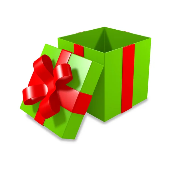 Green Open Christmas Gift Red Bow — Stock Photo, Image