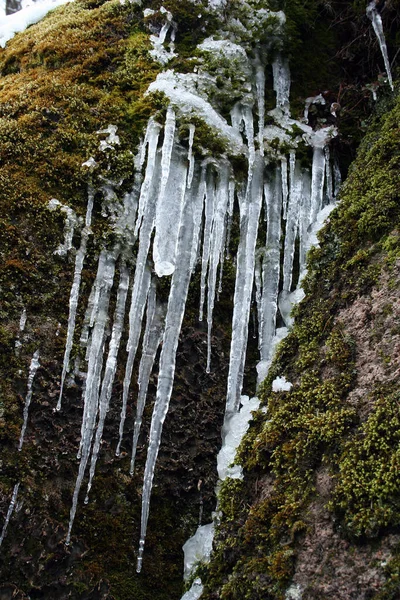 十月解冻后岩石上的第一批冰柱 — 图库照片