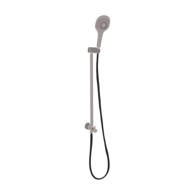 Shower head with water spray isolated on white background. Vector flat design of metal sprinkler with hose. Equipment for douche and bath