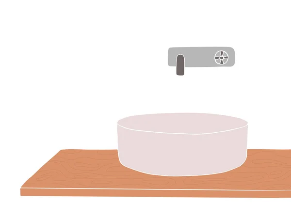 Modern Ceramic White Vessel Sink Wooden Tabletop Stylish Overhead Sink — Stock Vector
