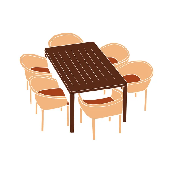 Innenarchitektur Terrassenterrasse Mit Rattan Gartenmöbeln Tisch Mit Sechs Stühlen Vektor — Stockvektor