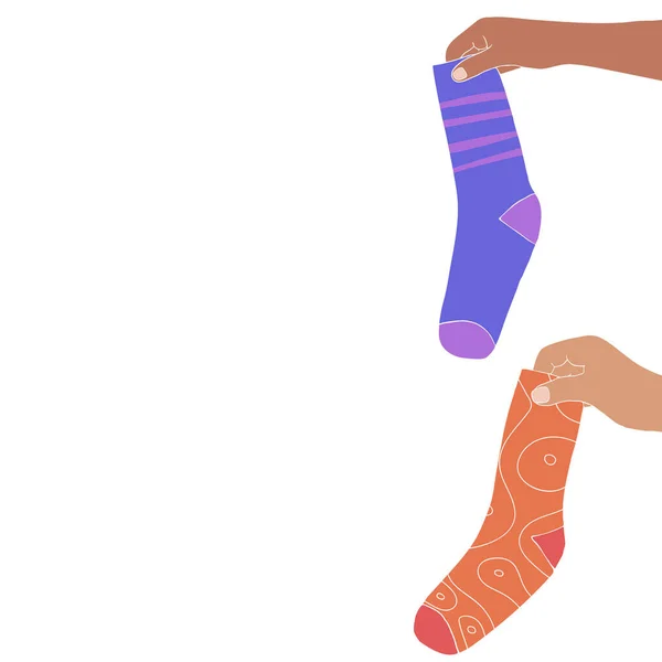 Web横幅 手拿袜子在白色的背景上 有文字空间的彩色袜子 秋天和冬天的衣服 寒冷季节穿的袜子 — 图库矢量图片
