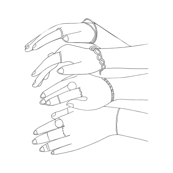 Esboce Mãos Das Mulheres Com Jóias Pulseiras Anéis Mãos Femininas — Vetor de Stock
