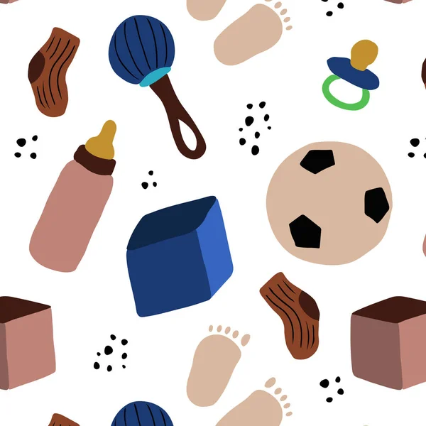 Nahtloser Hintergrund Mit Babyspielzeug Bällen Und Socken Muster Für Babyduschparty — Stockvektor