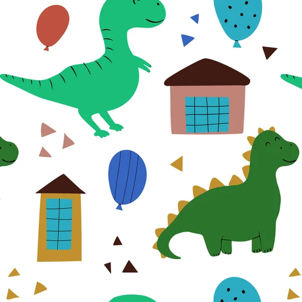 Απρόσκοπτη Φόντο Δεινόσαυρους Χρώμα Χαριτωμένα Σπίτια Και Μπαλόνια Μοτίβο Για — Διανυσματικό Αρχείο
