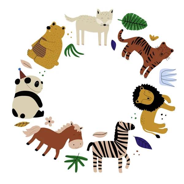 Kinder Rahmen Mit Tieren Und Blättern Flach Ein Nette Illustrationen — Stockvektor