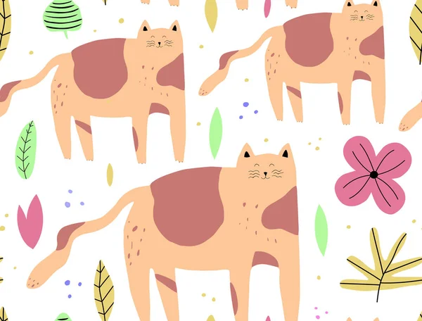 无缝隙的背景 有可爱的彩色猫 花朵和树叶 婴儿淋浴派对 纺织品 包装的图案 — 图库矢量图片