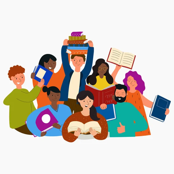Bookcrossing concept. Happy people exchanging, borrowing and recommending paper books. Modern illustration of book lovers, readers, literature fans isolated on white background. Vector