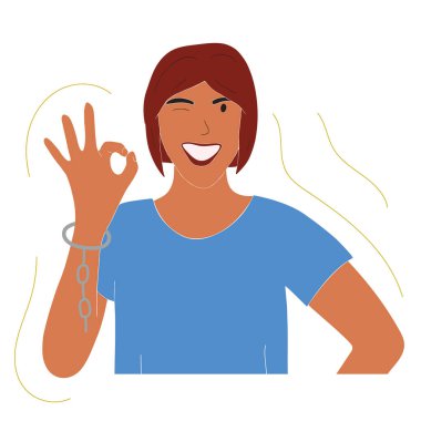 Happy free woman showing sign Ok. Concept of freedom, development and aspirations. Woman breaking the handcuffs and starting new life. Colored flat vector illustration isolated on white background.