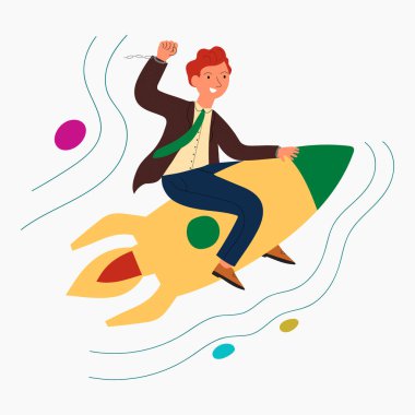 Happy free man flying on the rocket. Concept of freedom, development and aspirations. Man breaking the handcuffs and moving forward. Colored flat vector illustration isolated on white background.