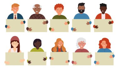Diverse group of people, entrepreneurs, students, unemployed or office workers isolated on a white background. Multinational company. Old and young men and women together with empty space. Vector