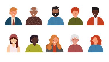 Diverse group of people, entrepreneurs, students, unemployed or office workers isolated on a white background. Multinational company.Portraits of old and young men and women. Vector