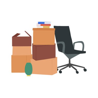 Karton kutuları olan bir web pankartı. Taşınmak ve taşınmak için kutuya konmuş eşyalar. Birçok eşya; bilgisayar koltuğu; vazo; konteynırlarda mobilya. Düz vektör çizimleri beyaz arkaplanda izole edildi