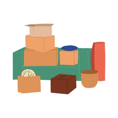Karton kutuları olan bir web pankartı. Taşınmak ve taşınmak için kutuya konmuş eşyalar. Bir sürü eşya, sepet, saat, konteynırlarda mobilya. Düz vektör çizimleri beyaz arkaplanda izole edildi
