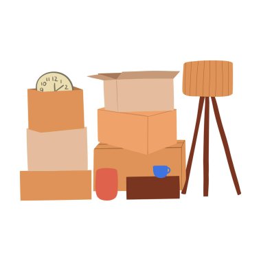 Karton kutuları olan bir web pankartı. Taşınmak ve taşınmak için kutuya konmuş eşyalar. Bir sürü eşya, saat, lamba, konteynırlarda mobilya. Düz vektör çizimleri beyaz arkaplanda izole edildi