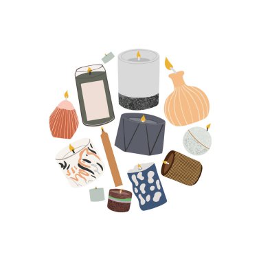 Dekoratif iç mumları olan web afişi. Kavanozlarda Aroma SPA dekorasyonu. Modern aromatik dekor. Düz vektör çizimi beyaz arkaplanda izole edildi