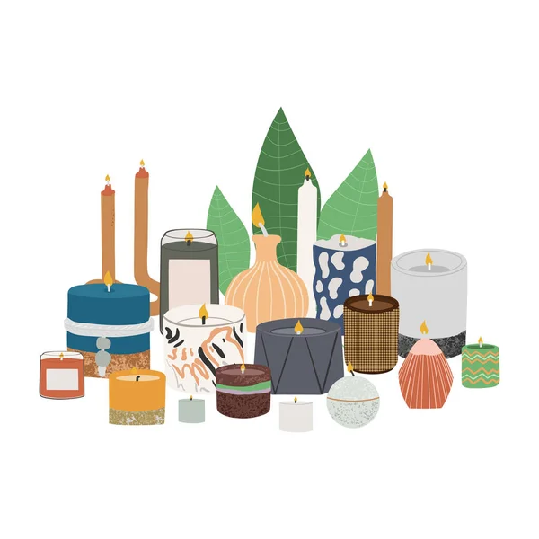 Bannière Web Avec Bougies Intérieures Décoratives Décoration Aroma Spa Pots — Image vectorielle