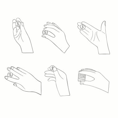 Altın sikkeleri sıkan elleri olan koleksiyon. Ellerin parayı tutuyor, Penny. Finansal ikramiye, nakit para, yardım ve destek konsepti. Dolar senti olan bir hayırsever. Düz vektör çizimi beyaz arkaplanda izole edildi