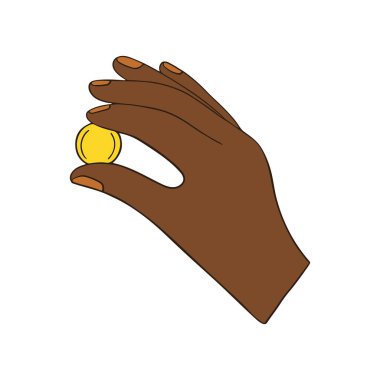 Parmak simgesine sıkıştırılmış altın para. El ele altın para, para, dolar. Mali yardım, yardım, ikramiye ve bağış konsepti. Finansal yardım. Düz vektör çizimi beyaz arkaplanda izole edildi