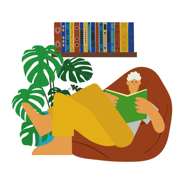 Conceito Encadernação Homem Feliz Relaxando Lendo Livro Ilustração Moderna Amantes — Vetor de Stock