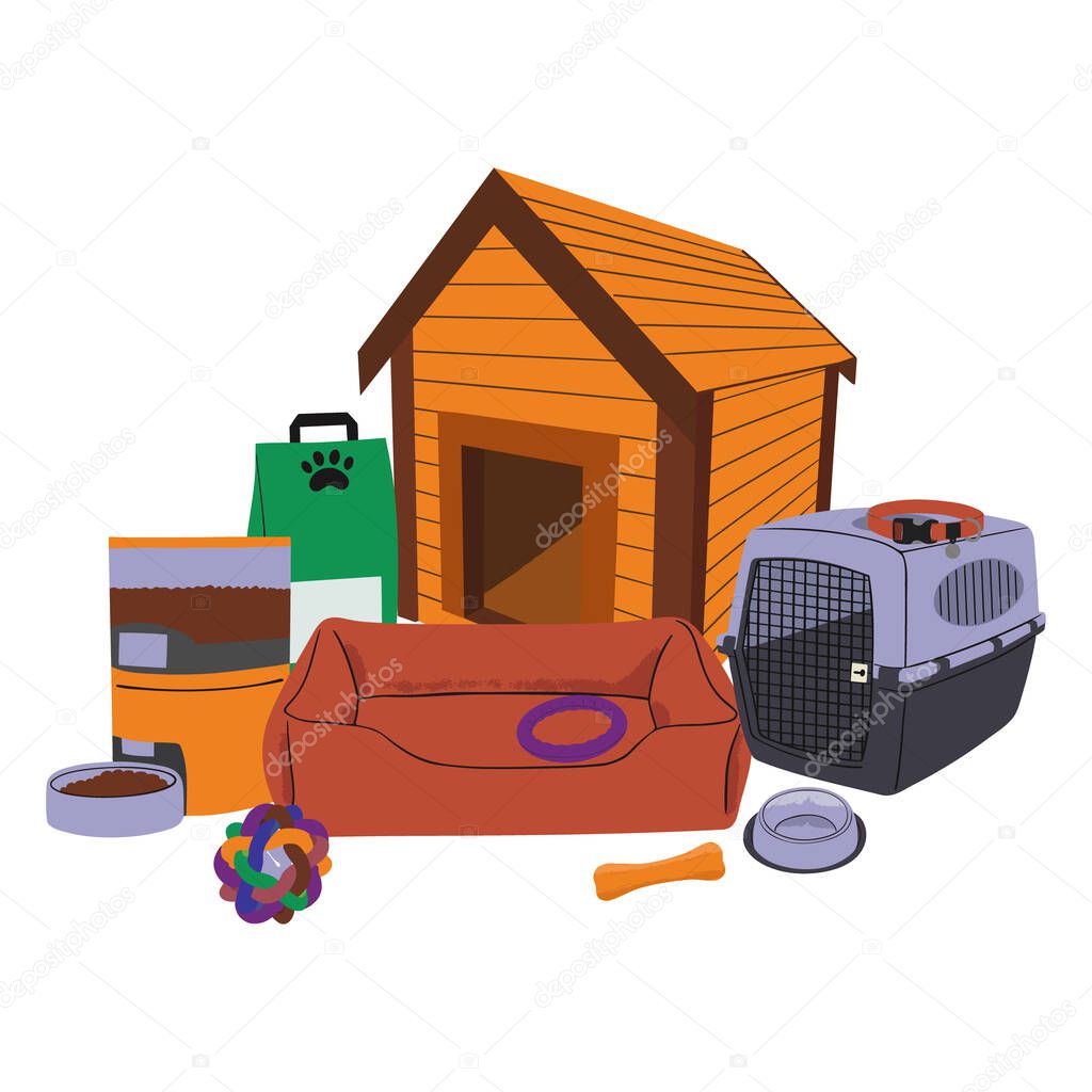 Illustration for banner with dogs food, goods, houses and supplies. Pets feeding, furniture, toys. Puppies accessories, stuff. Training post. Flat vector illustration isolated on white background