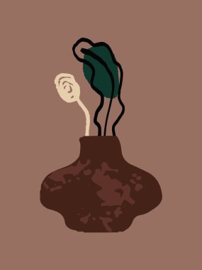 Soyut vazoda egzotik çiçekler olan bir resim. Matisse stilinde moda tasarımı. Minimalist şekiller beyaz arka planda izole edilmiş. Vektör