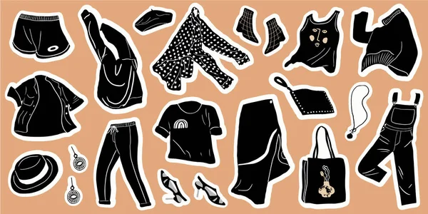 Stickers Collection Trendy Modern Women Clothes Casual Female Garments Accessories — Stock Vector