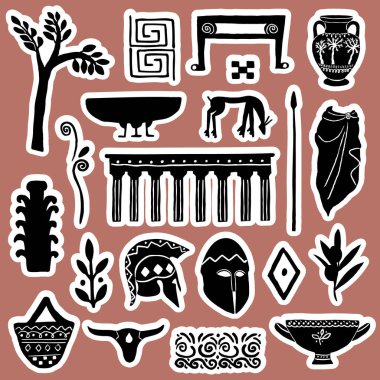 Eski vazolara, bitkilere ve heykellere sahip modern Yunan çıkartmaları. Moda soyut antika dokusu. Siyah düz vektör çizimi.