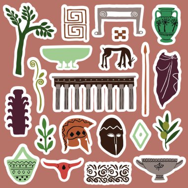 Eski vazolara, bitkilere ve heykellere sahip modern Yunan çıkartmaları. Moda soyut antika dokusu. Renkli düz vektör çizimi.