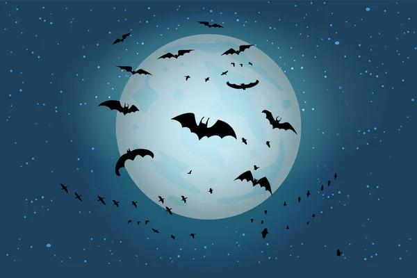 Dolunay Arka Planında Ürkütücü Kara Yarasalar Grubu Cadılar Bayramı Gecesi — Stok Vektör