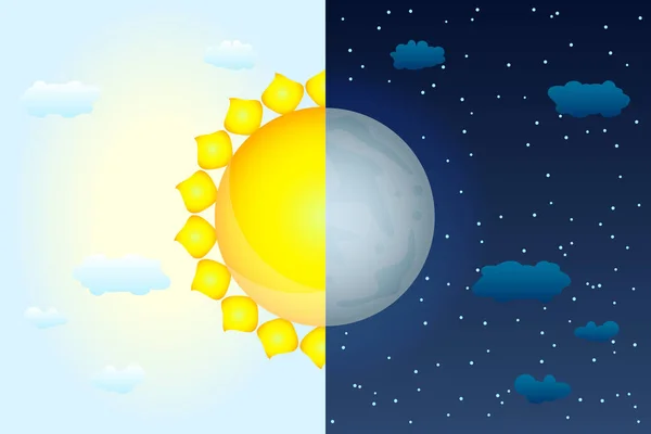 İlkbahar ya da sonbahar ekinoks günü konsepti olarak yarım güneş ve yarım ay. Gündüz ve gece ay ve güneş. Dünya mevsimleri. Hava tahmini arka planı. Uluslararası Astroloji Günü. Stok vektör illüstrasyonu