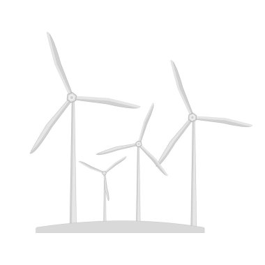 Rüzgar türbinleri beyaz arkaplanda izole edildi. Elektrik üretimi için rüzgar gülü grubu. Rüzgar santrali kuleleri çiftliği. Rüzgar değirmeni ikonu. Çevre enerjisi kavramı. Çevre dostu, yenilenebilir, sürdürülebilir ve alternatif enerji sembolü. Stok vektör illüstrasyonu