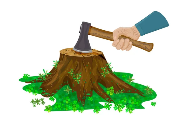 Träd Stubbe Och Hand Med Yxa Isolerad Vit Bakgrund Träskärararm — Stock vektor