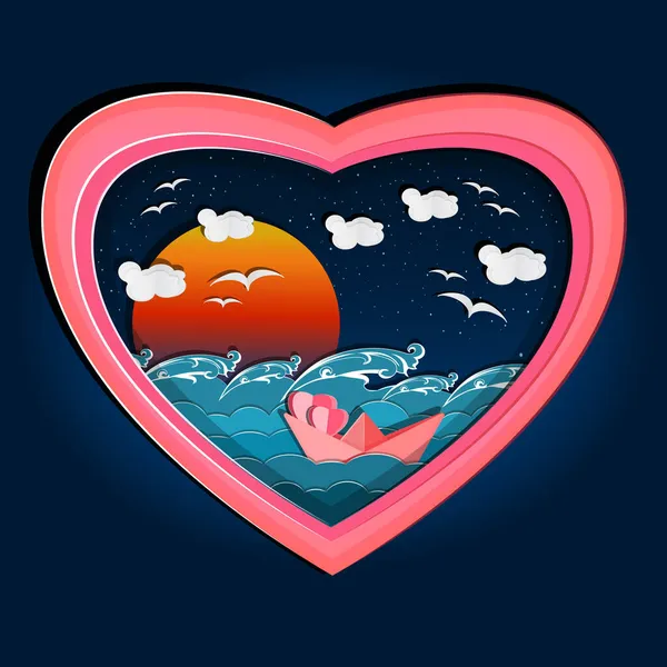 Valentinstag Grußkarten Mit Rotem Herz Und Nächtlicher Meereslandschaft Mit Boot — Stockvektor