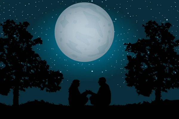 Pár Sedí Pod Měsíčním Svitem Hvězdnou Oblohou Romantická Silueta Milujícího — Stockový vektor