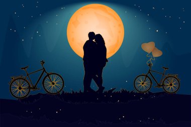 Akşamları turuncu ayın altında aşk atmosferinde bir çift. Romantik çift ve bisikletli sevgililer günü kartı. Mutlu Aşıklar. Sevgililer gecesinde aşk dolu bir çiftin romantik silueti. Sevgilim ol. Stok vektör illüstrasyonu