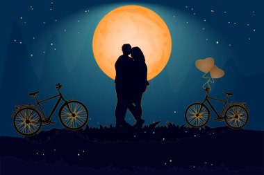 Akşamları turuncu ayın altında aşk atmosferinde bir çift. Romantik çift ve bisikletli sevgililer günü kartı. Mutlu Aşıklar. Sevgililer gecesinde aşk dolu bir çiftin romantik silueti. Sevgilim ol. Stok vektör illüstrasyonu
