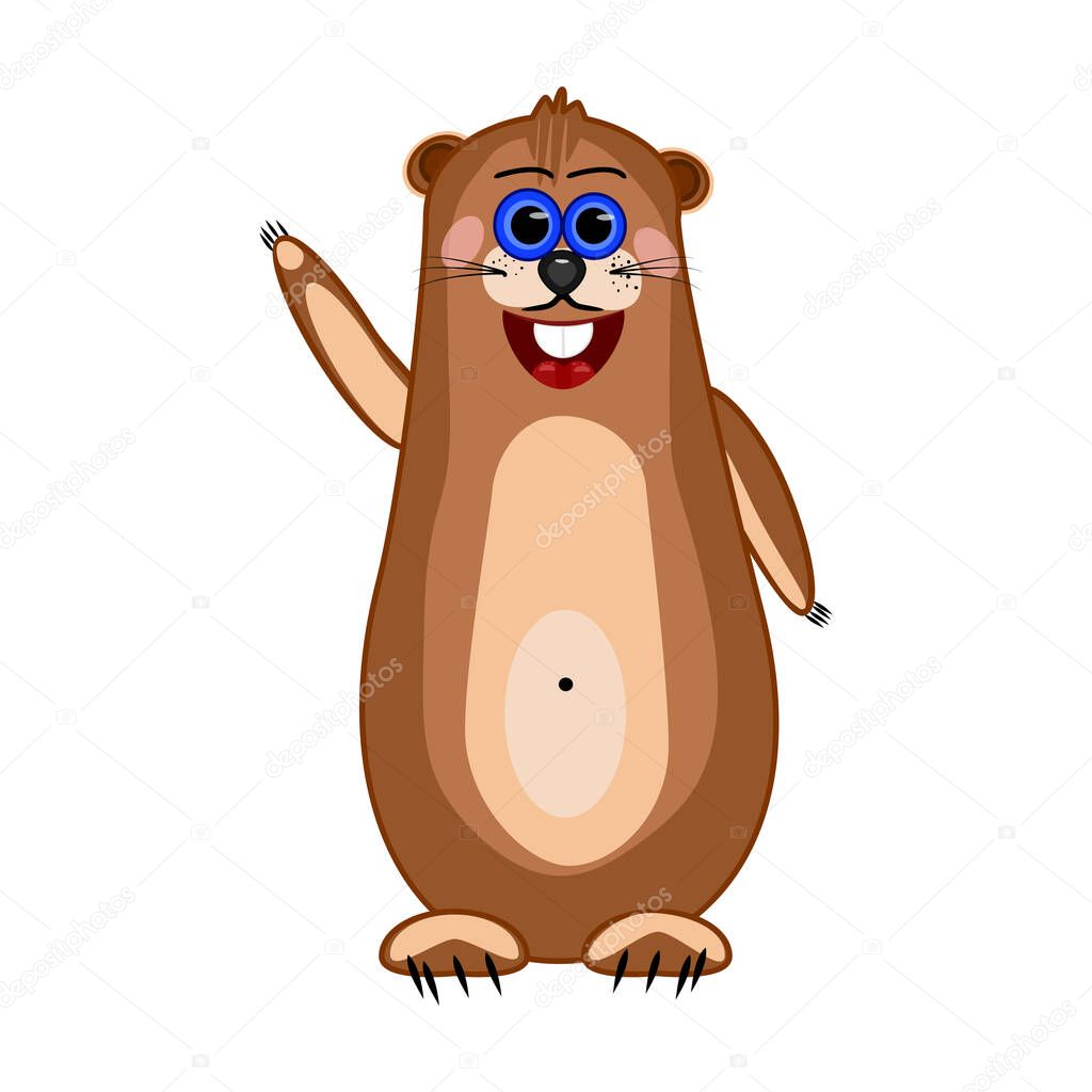 Groundhog isolated on white background. Cute cartoon marmot. Groundhog Day. Funny brown gopher waving hand. Fatty prairie dog. Happy hamster with smile. Forecasting the weather. Stock vector illustration