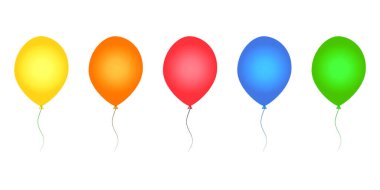 Beyaz arka planda izole edilmiş renkli balonlar. Sarı, turuncu, kırmızı, mavi ve yeşil helyum balonu koleksiyonu. Yuvarlak şekilli balonlar ve farklı renkler. Doğum günü, parti, uçan balon tasarımını kutluyoruz. Stok vektör illüstrasyonu