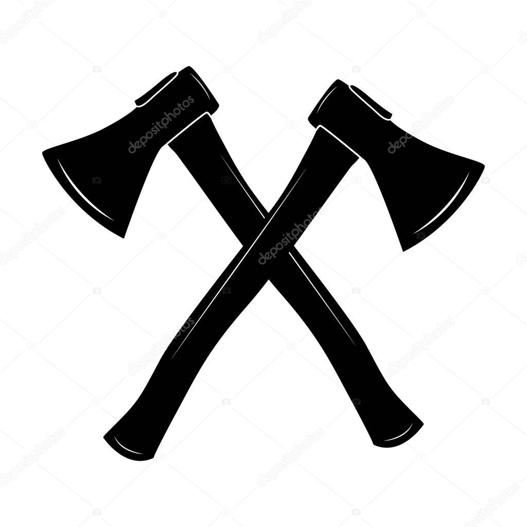 Crossed axes isolated on white background. Black hatchet silhouette. Lumberjack ax icon, symbol or logo. Two camping axes with wooden handles. Cartoon flat simple style sign. Stock vector illustration