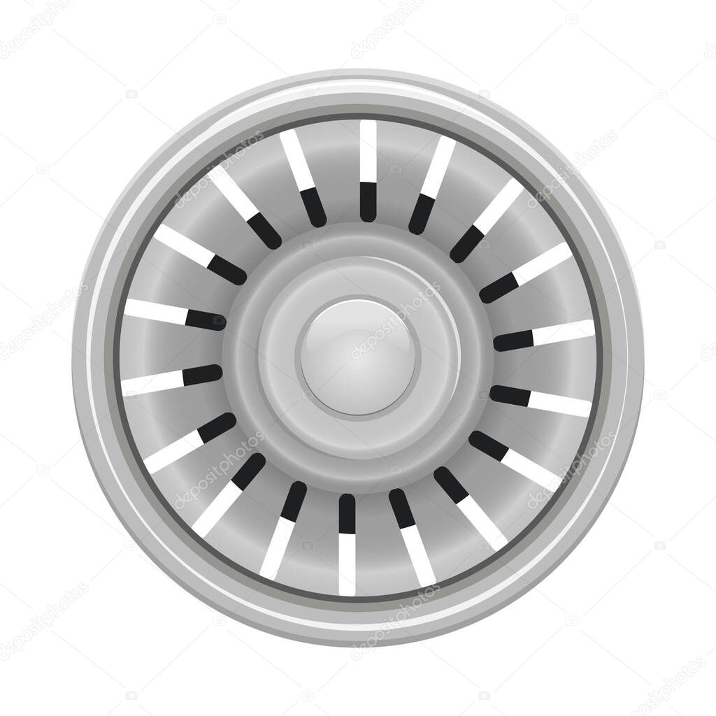 Kitchen sink strainer isolated on white background. Drain hole for water in basin. Washbasin chrome filter top view. Drainer with stainless cover icon. Bath drain metallic detail for water flow. Stock vector illustration