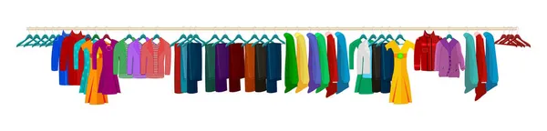 Kleding Hangers Geïsoleerd Witte Achtergrond Groot Rek Met Verschillende Kleding — Stockvector