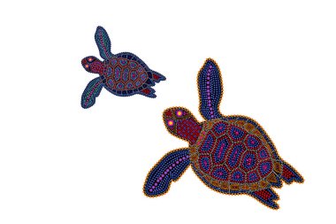 Kaplumbağa beyaz arka planda izole edilmiş. Avustralya yerli kaplumbağa nokta boyası. Aborijin stili renkli kaplumbağa. Dekoratif etnik tarz. El ilanı, poster, afiş, afiş, broşür. Stok vektör illüstrasyonu