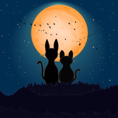 Dolunay arka planında iki kedi silueti. Romantik aşk kedileri gece gökyüzü altında bir sürü yıldız ve turuncu ay ile. Tepede oturup ek iş arayan iki kedi. Sevgililer Günü konsepti. Stok vektör illüstrasyonu