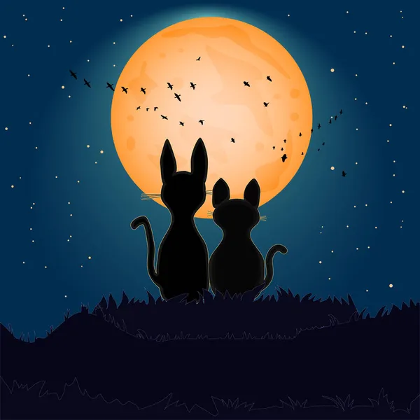 満月の背景に2匹の猫のシルエット 夜空の下で多くの星やオレンジの月とロマンチックな愛猫 夫婦猫丘の上に座って月明かりを探しています バレンタインデーのコンセプト ストックベクトルイラスト — ストックベクタ