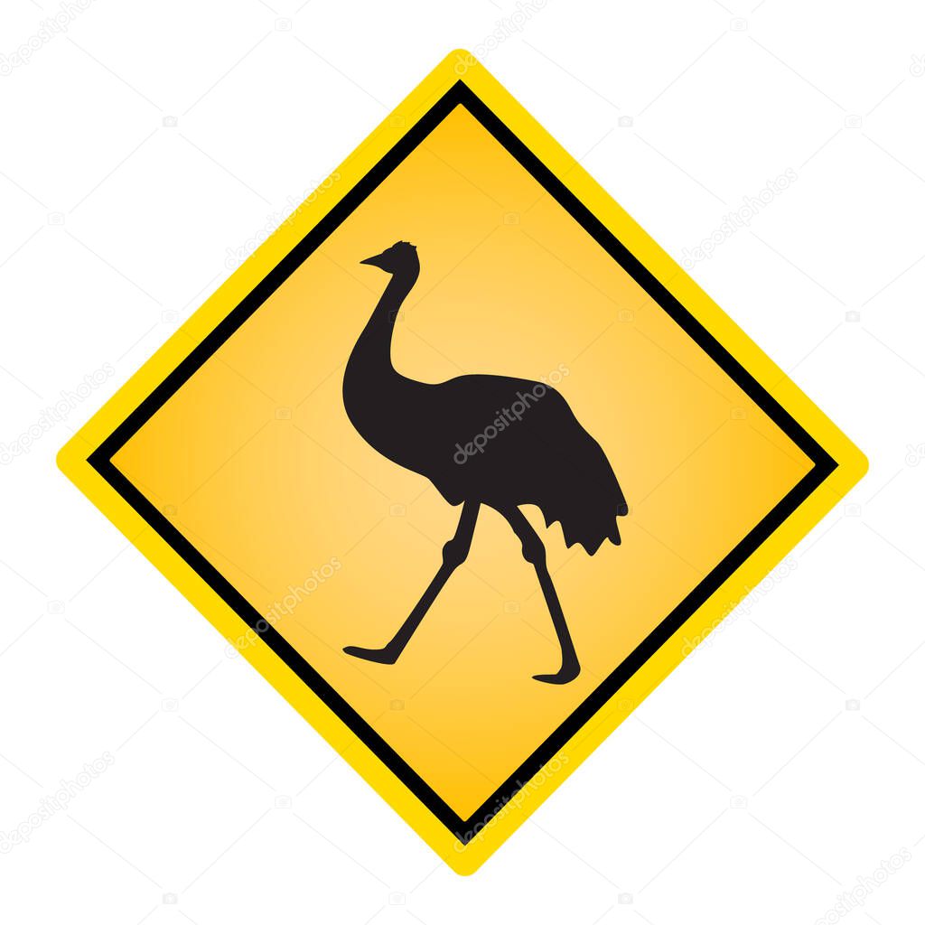 Australian traffic sign with emu. Yellow wildlife road sign with animal silhouette. Warning mark for highway. Attention, caution roadsign for caution crossing ostrich. Roam animals. Stock vector illustration