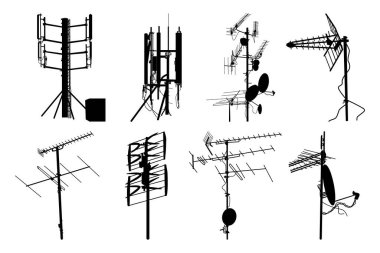 Televizyon anten simgeleri beyaz arkaplanda izole edildi. Farklı televizyon antenlerinin siluetleri. Televizyon anteni işareti ya da sembol. Televizyon çatısı antenleri. Teknoloji konsepti. Stok vektör illüstrasyonu