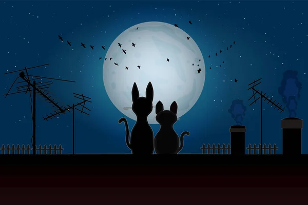 Quelques Chats Assis Sur Toit Regardant Vers Lune Silhouette Chats — Image vectorielle